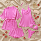Luxury Satin Sleepwear Trio for Women | Robe, Slip Dress & Halter Bikini Set | Free Size (DC-5001)