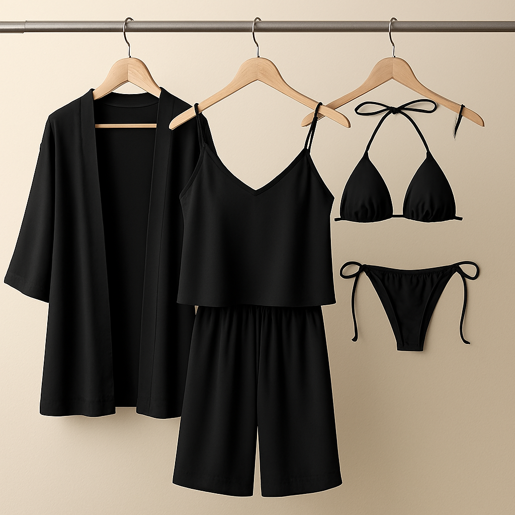 5-Piece Satin Sleepwear Set – Robe, Camisole, Pants & Bikini Nightwear ( DC-5002)