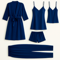 5-Piece Satin Sleepwear Set – Robe, Camisole, Shorts, Pants & Slip Dress Free Size (DC-5003)