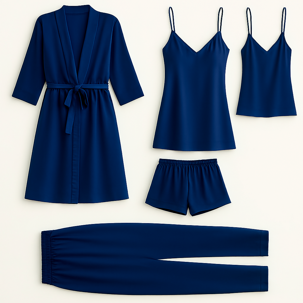 5-Piece Satin Sleepwear Set – Robe, Camisole, Shorts, Pants & Slip Dress Free Size (DC-5003)