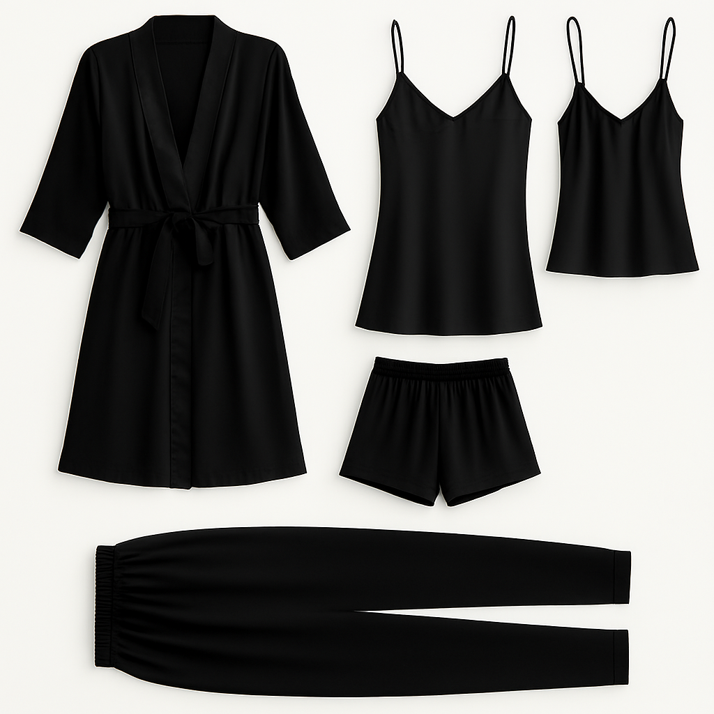 5-Piece Satin Sleepwear Set – Robe, Camisole, Shorts, Pants & Slip Dress Free Size (DC-5003)