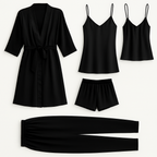 5-Piece Satin Sleepwear Set – Robe, Camisole, Shorts, Pants & Slip Dress Free Size (DC-5003)