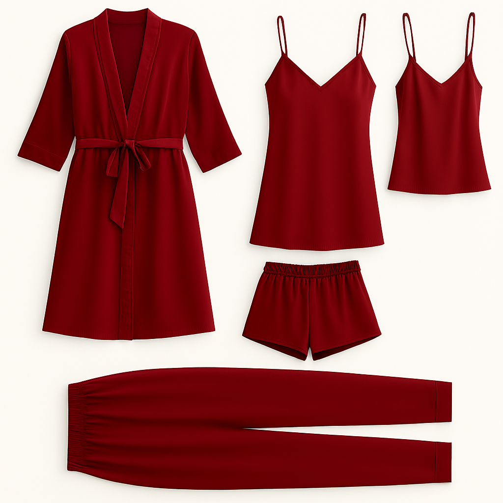 5-Piece Satin Sleepwear Set – Robe, Camisole, Shorts, Pants & Slip Dress Free Size (DC-5003)