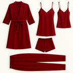 5-Piece Satin Sleepwear Set – Robe, Camisole, Shorts, Pants & Slip Dress Free Size (DC-5003)