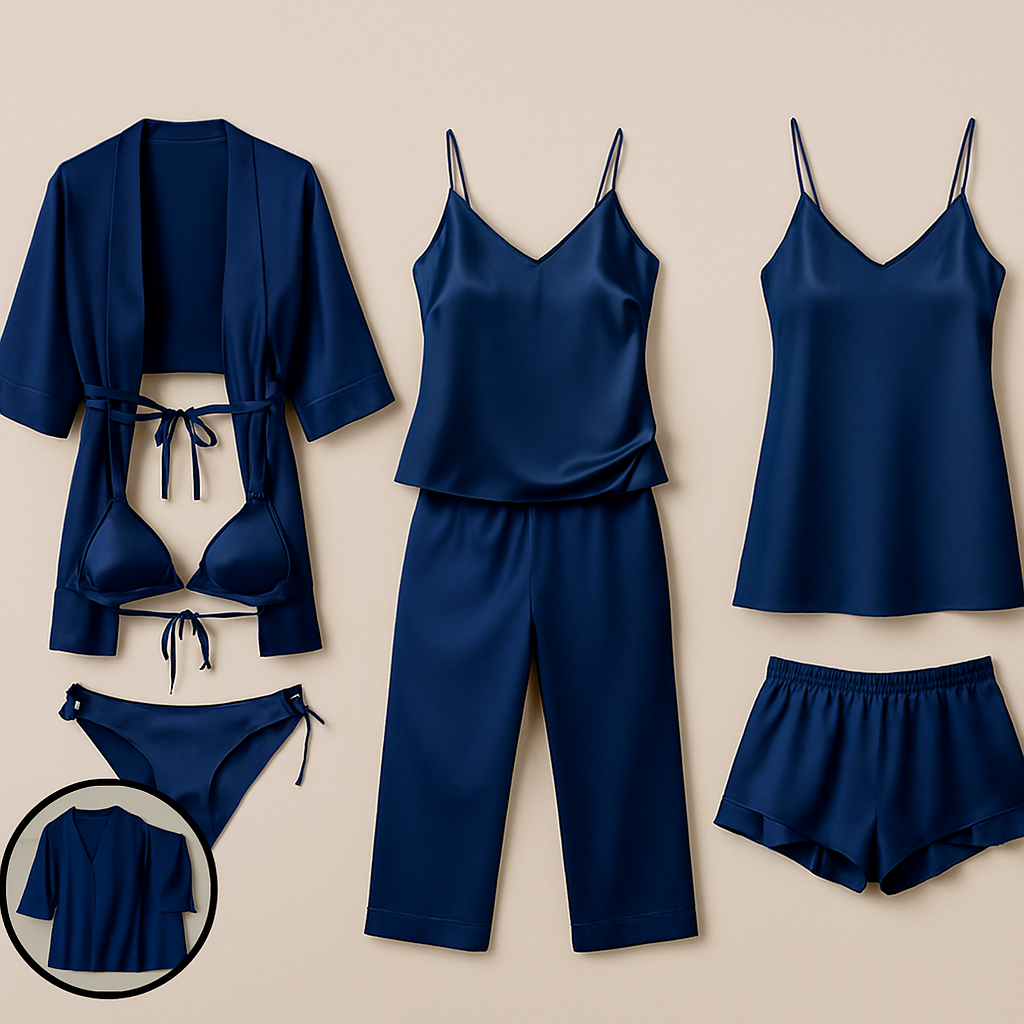7-Piece Satin Sleepwear & Lingerie Set for Women – Luxury Nightwear Collection with Robe, Slip Dress, Free Size  (DC-7001)