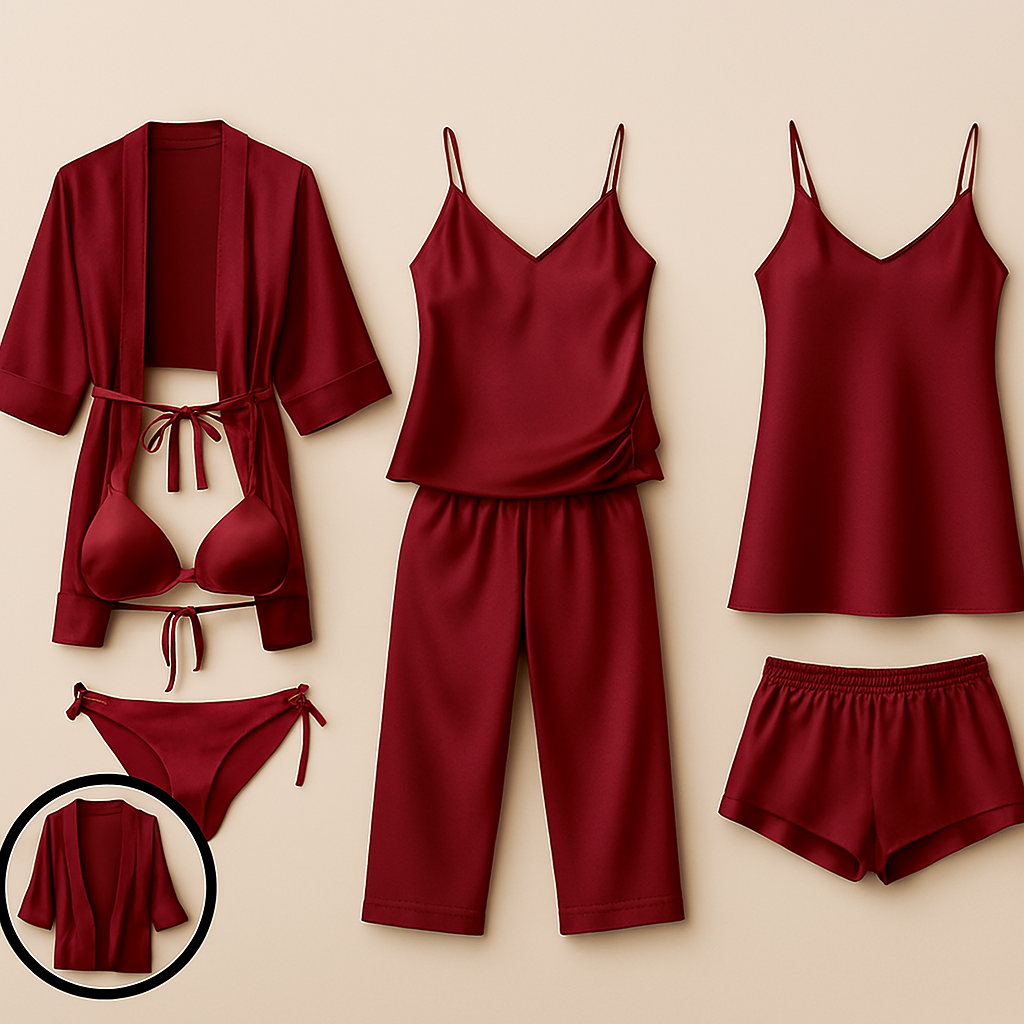 7-Piece Satin Sleepwear & Lingerie Set for Women – Luxury Nightwear Collection with Robe, Slip Dress, Free Size  (DC-7001)