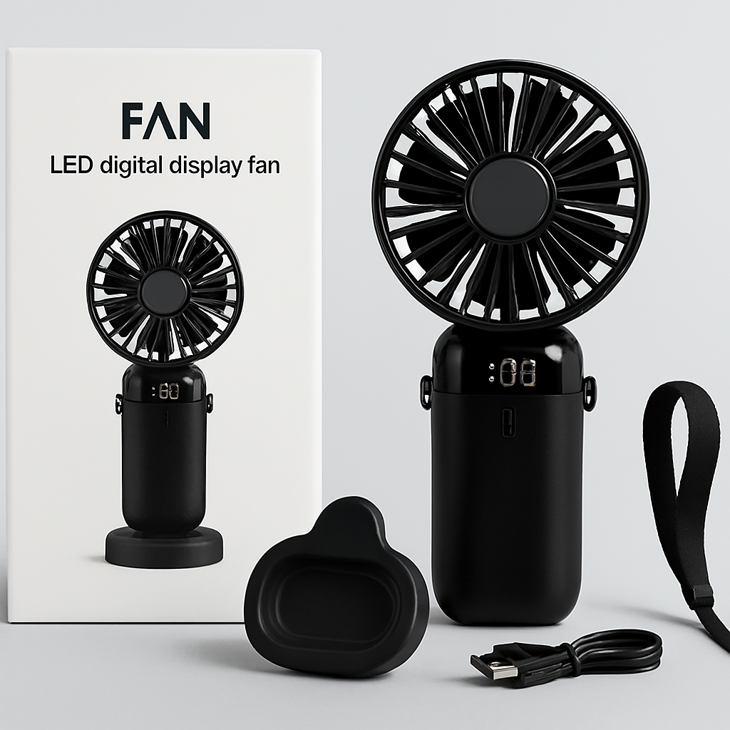 LED Digital Display Rechargeable Fan with USB Cable – Portable Mini Cooling Fan with Adjustable Speed, Battery Indicator &amp; Easy Charging (random color)