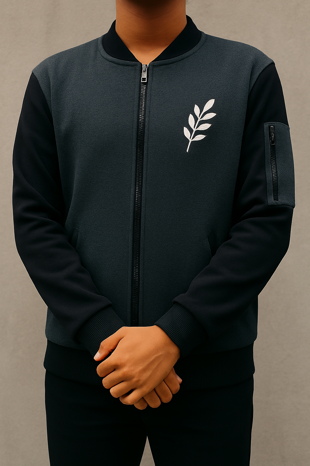New Winter Collection Charcoal Grey Leaf Printed Zipper Jacket for Men &amp; Boys – Warm &amp; Stylish Fleece Outerwear
