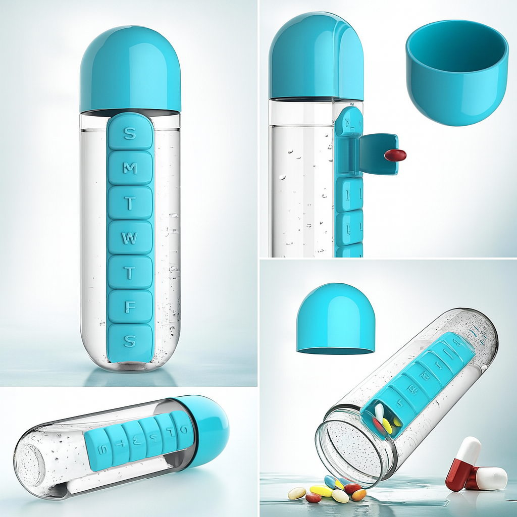 2-in-1 Medicine Organizer with Water Bottle – 7 Days Pill Box, 600ml BPA-Free Drinking Bottle, Removable Cup, Compact Travel Pill Planner for Kids, Adults &amp; Elderly
