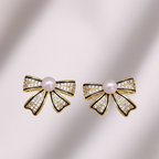 PJT-995 Bow Shape Zircon Pearl Earrings for Women – Korean Style Jewelry with Sparkling Zircon &amp; Classic Pearl Center | Available in Golden &amp; Silver | Perfect Gift for Parties, Weddings &amp; Everyday Fashion