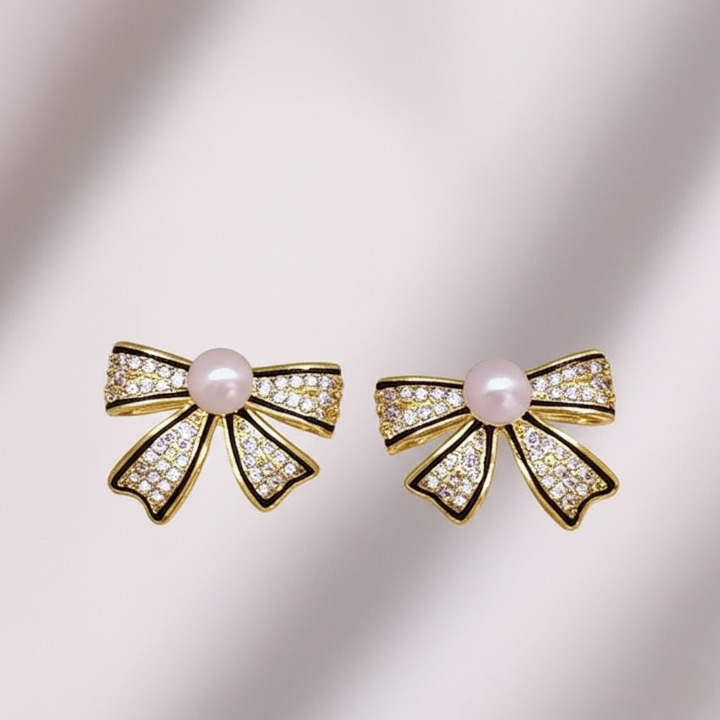 PJT-995 Bow Shape Zircon Pearl Earrings for Women – Korean Style Jewelry with Sparkling Zircon &amp; Classic Pearl Center | Available in Golden &amp; Silver | Perfect Gift for Parties, Weddings &amp; Everyday Fashion