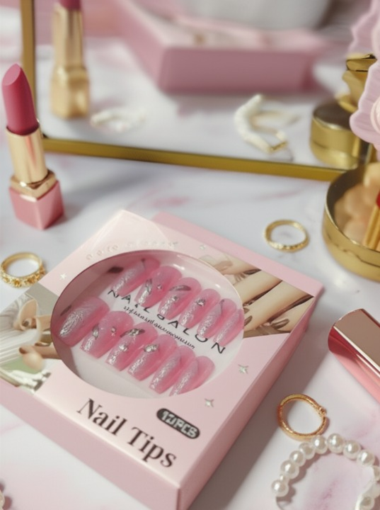 Luxury Pink Nail Tips Set – 12 PCS False Nails with Glitter &amp; Rhinestone Design | Elegant Salon-Style Press-On Nails for Parties, Weddings &amp; Everyday Fashion