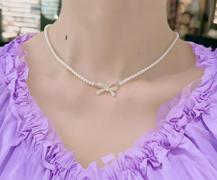 PQT-992 - Bow Shape Pearl Pendant Necklace for Women – Dainty Jewelry with Sparkling Bow Design | Available in Silver &amp; Golden Finish | Perfect Gift for Weddings, Parties &amp; Everyday Glamour