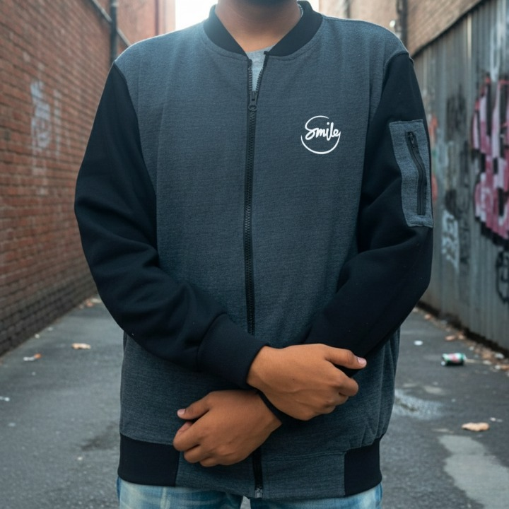 New Winter Collection Charcoal Grey “Smile” Printed Zipper Jacket for Men &amp; Boys – Premium French Fleece, Stylish, Warm &amp; Comfortable Winter Wear (M, L, XL)