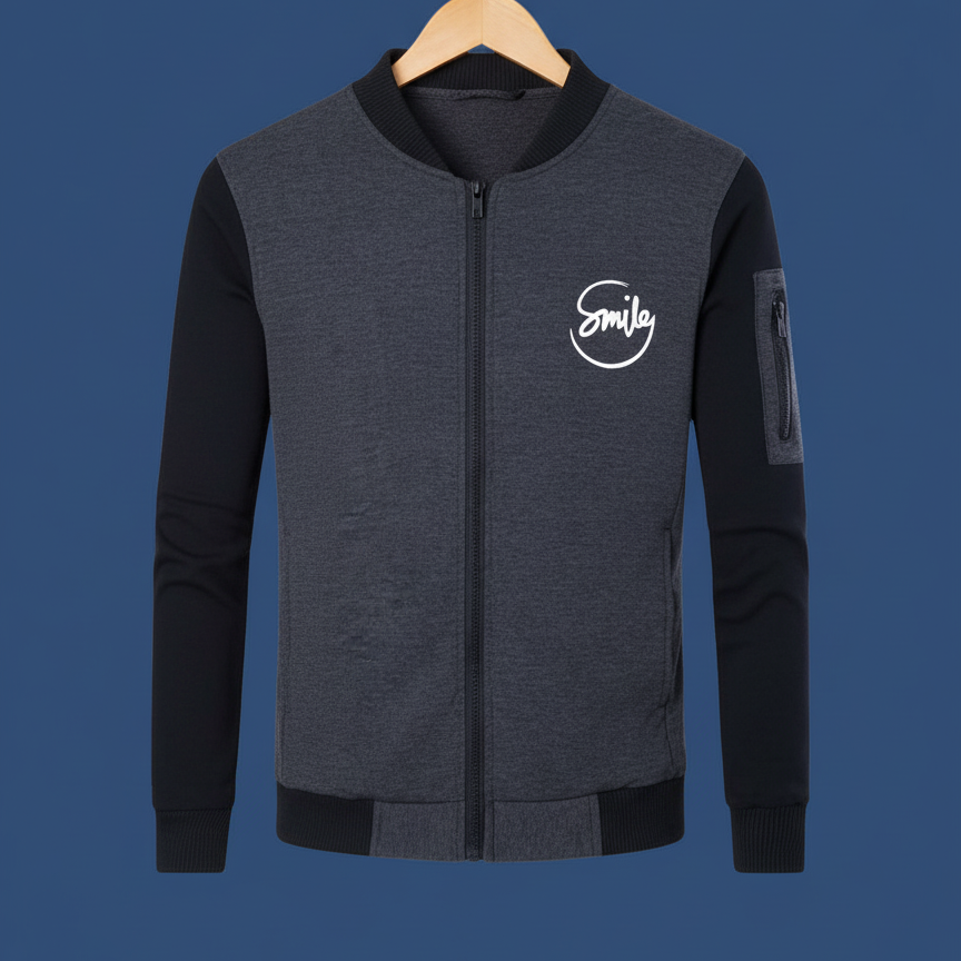 New Winter Collection Charcoal Grey “Smile” Printed Zipper Jacket for Men &amp; Boys – Premium French Fleece, Stylish, Warm &amp; Comfortable Winter Wear (M, L, XL)