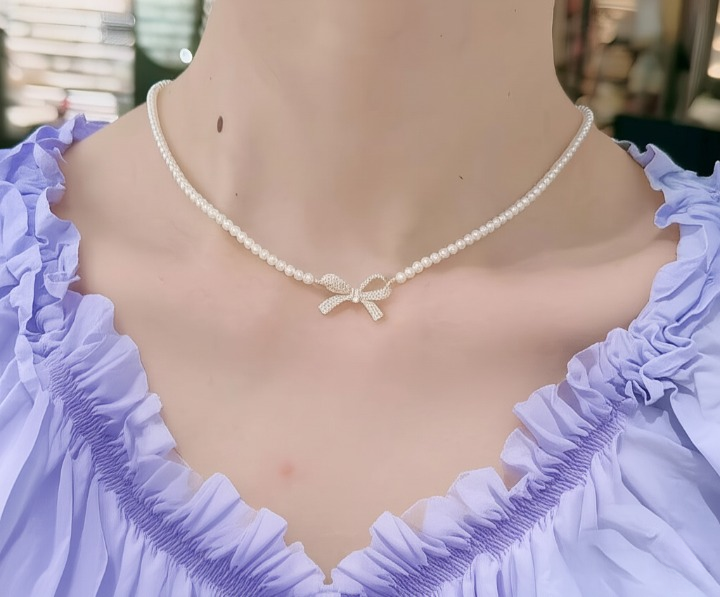 PQT-992 - Bow Shape Pearl Pendant Necklace for Women – Dainty Jewelry with Sparkling Bow Design | Available in Silver &amp; Golden Finish | Perfect Gift for Weddings, Parties &amp; Everyday Glamour