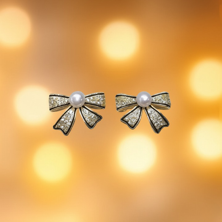 PJT-995 Bow Shape Zircon Pearl Earrings for Women – Korean Style Jewelry with Sparkling Zircon &amp; Classic Pearl Center | Available in Golden &amp; Silver | Perfect Gift for Parties, Weddings &amp; Everyday Fashion