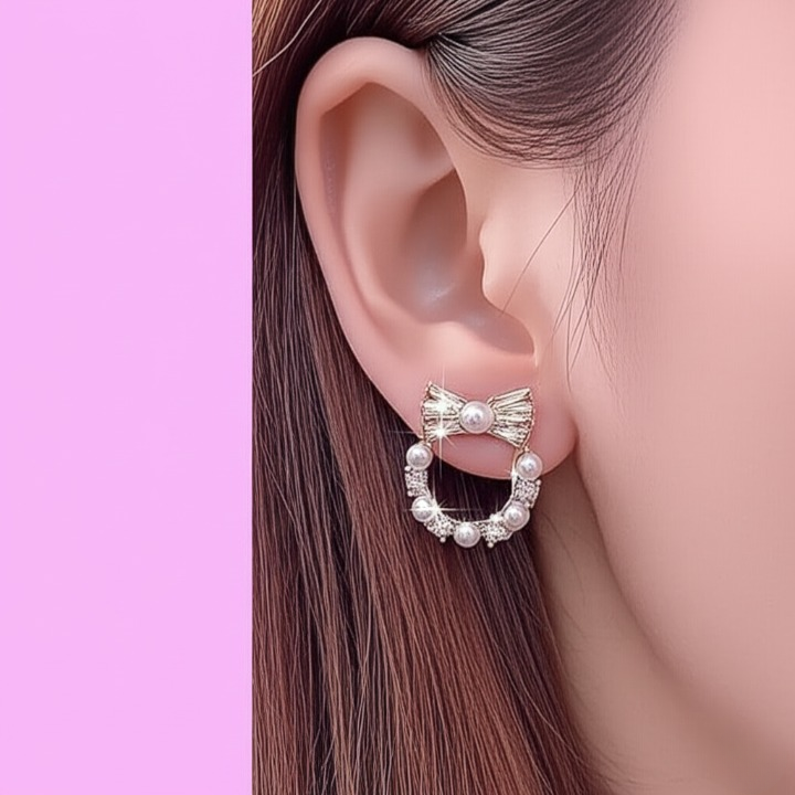 Pearl Bow Korean Zircon Earrings for Women – Elegant Bowknot Design with Sparkling Zircon and Pearl Accents | Premium Golden and Silver Fashion Jewelry for Weddings, Parties, and Everyday Wear | AXT-100