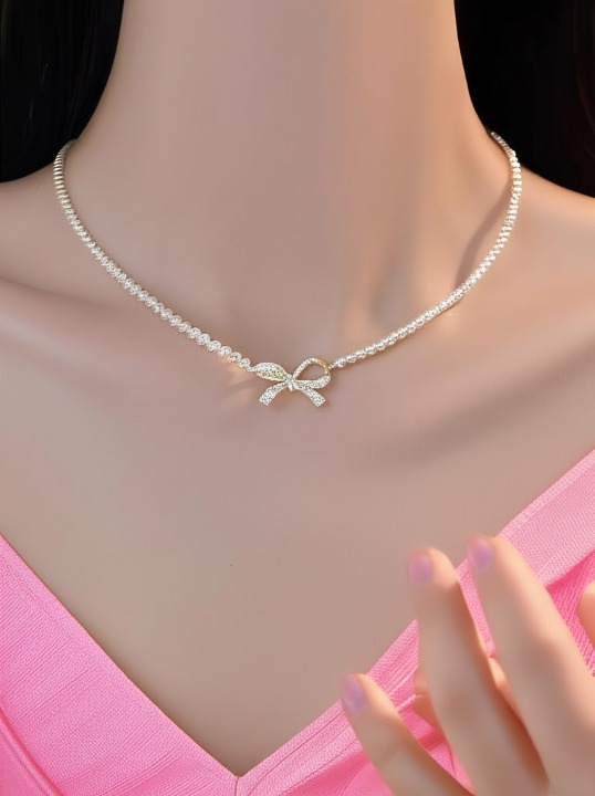 PQT-992 - Bow Shape Pearl Pendant Necklace for Women – Dainty Jewelry with Sparkling Bow Design | Available in Silver &amp; Golden Finish | Perfect Gift for Weddings, Parties &amp; Everyday Glamour