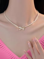 PQT-992 - Bow Shape Pearl Pendant Necklace for Women – Dainty Jewelry with Sparkling Bow Design | Available in Silver &amp; Golden Finish | Perfect Gift for Weddings, Parties &amp; Everyday Glamour