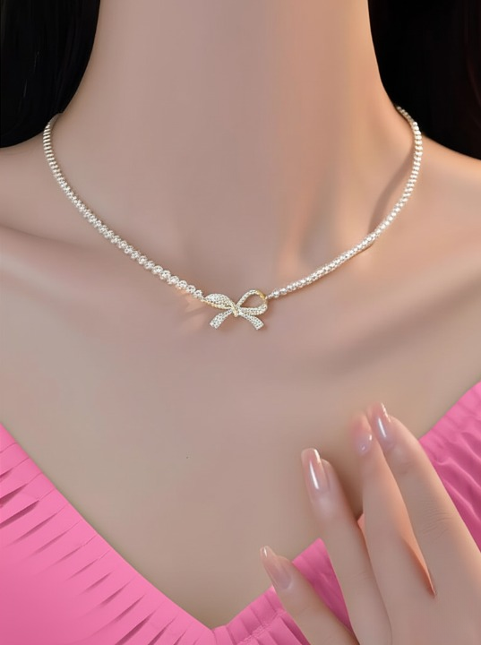 PQT-992 - Bow Shape Pearl Pendant Necklace for Women – Dainty Jewelry with Sparkling Bow Design | Available in Silver &amp; Golden Finish | Perfect Gift for Weddings, Parties &amp; Everyday Glamour
