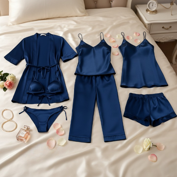 7-Piece Satin Sleepwear & Lingerie Set for Women – Luxury Nightwear Collection with Robe, Slip Dress, Free Size  (DC-7001)