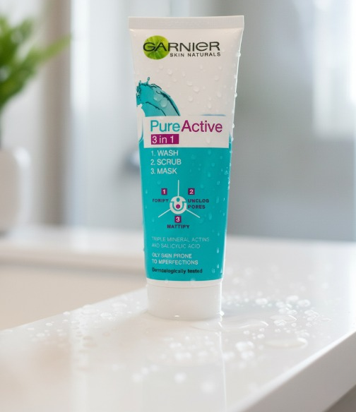 Garnier 3 in 1 Pure Active Face Wash – 100ml Liquid Cleanser for All Skin Types, Deep Cleansing and Refreshing Skincare