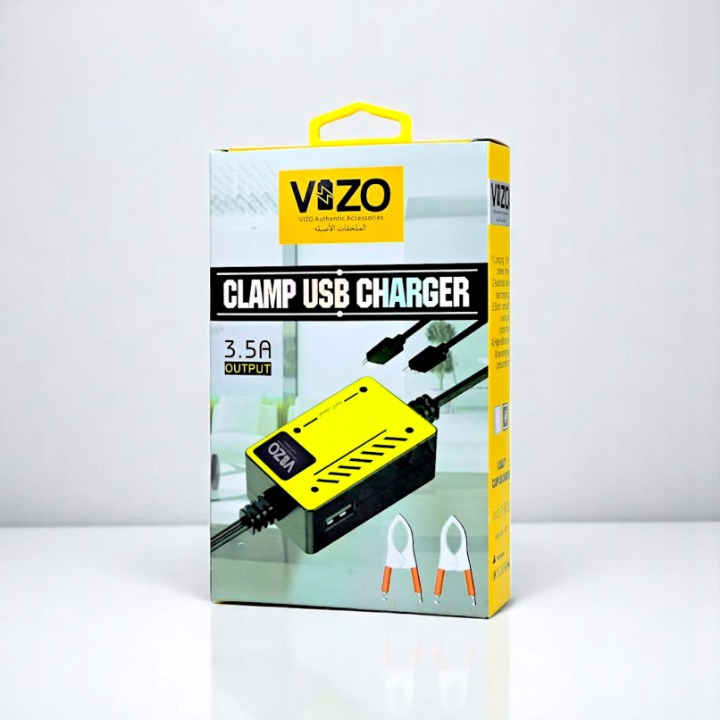 Vizo V5000 – Multi-Port Clip Charger | V5000 – 3.5A Multi-Port Clip Charger with Micro USB, Type-C &amp; USB-A | Versatile Clamp Design for Smartphones &amp; Tablets