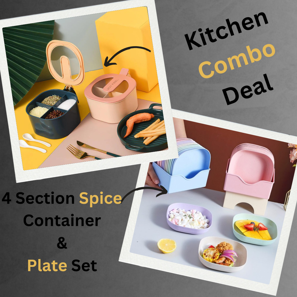 Combo Deal - 4 Section Spice Container Box &amp; Multi-function Spit Bone 10 Plate Set Kitchen Storage Organizer (Random color)