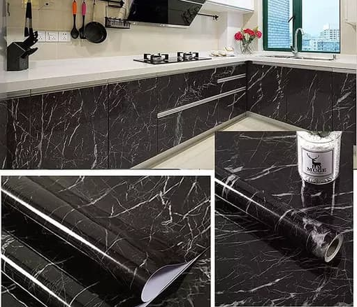 Self-Adhesive Kitchen Black Marble Sheet- Waterproof Heat Resistant Sheet for Living Room, Bathroom, Kitchen Countertops Black Sheet - 02 Meter