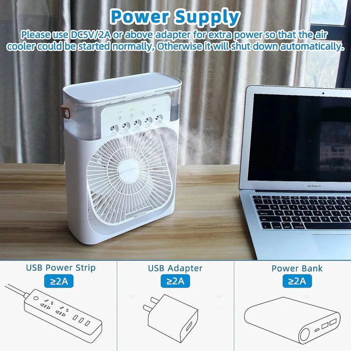 Portable Air Conditioner Fan Large Size USB Electric Fan with LED Night Light, Fine Mist Water, and Humidifier Function | Led Night Light Water Mist (Random Color)