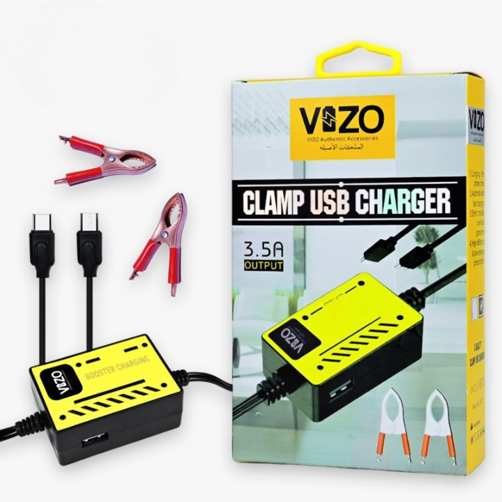Vizo V5000 – Multi-Port Clip Charger | V5000 – 3.5A Multi-Port Clip Charger with Micro USB, Type-C &amp; USB-A | Versatile Clamp Design for Smartphones &amp; Tablets