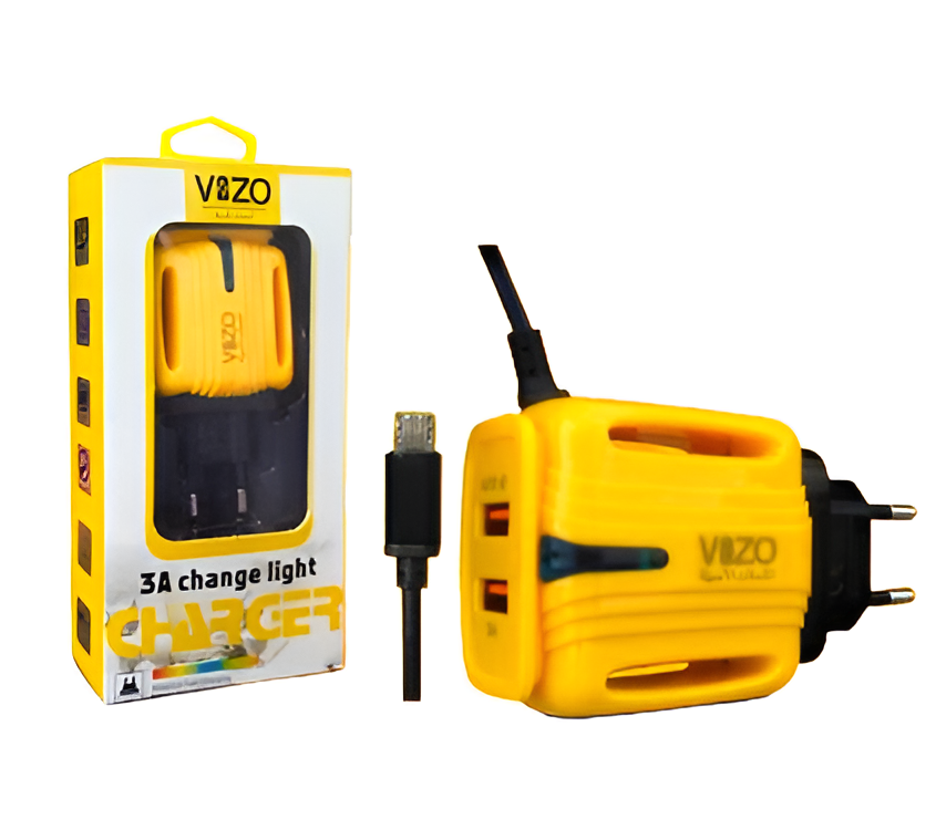 3A Light Change Charger with 2 USB Ports &amp; Built-in Micro USB Cable | Best Quality Charger For Android | Vizo 3A Charger