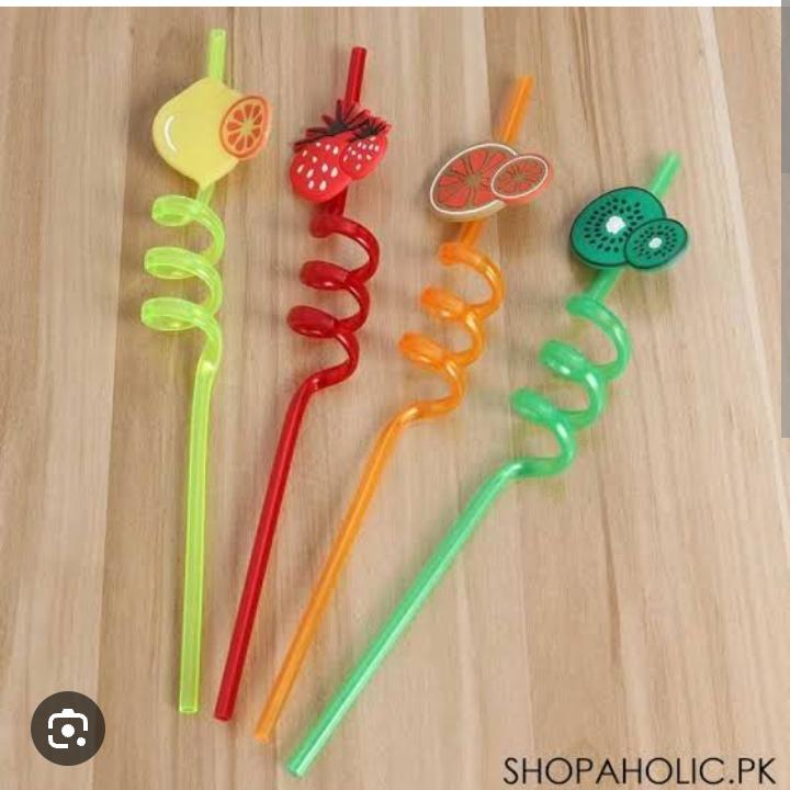 4Pcs Cartoon Lime Lemon Pineapple Watermelon Plastic Spiral Drinking Straws Children (random color )