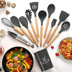 12 pcs set Wooden Handle Silicone Kitchen Utensils With Storage Bucket High Temperature Resistant And Non Stick Pot Spatula Spoon( random color )