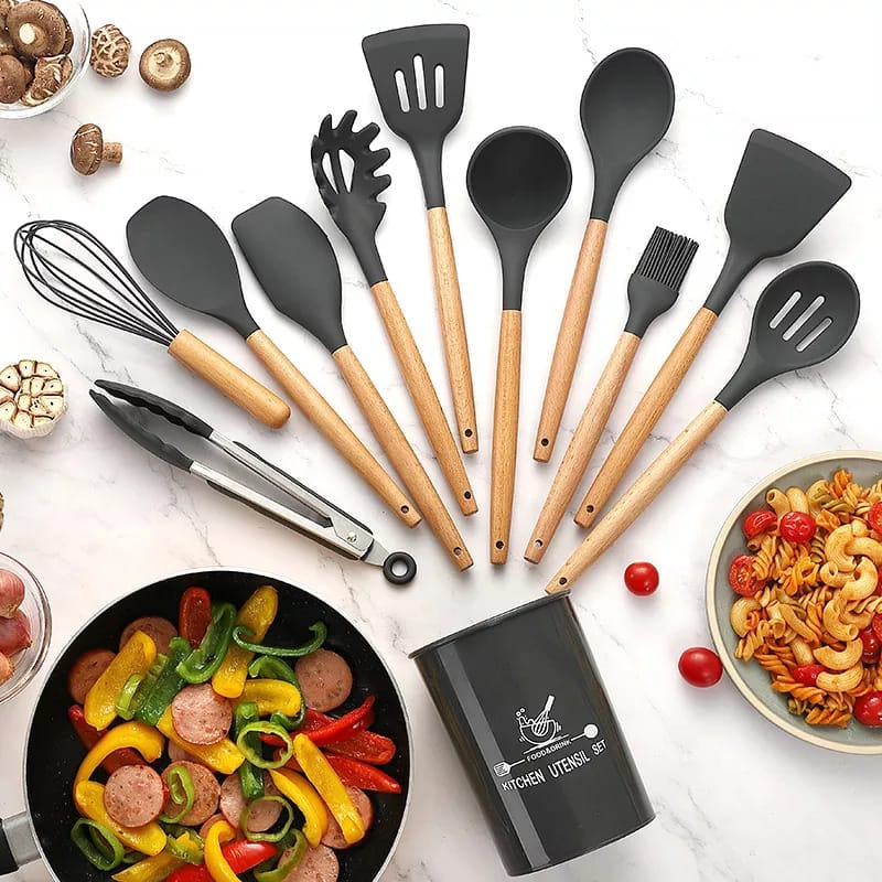 12 Pcs Silicone Cooking Utensils Kitchen Utensil Set | Heat Resistant Kitchen Non toxic Spatula Set with Turner Tongs,Spoon,Brush,Whisk-Wooden Handle(Random color)