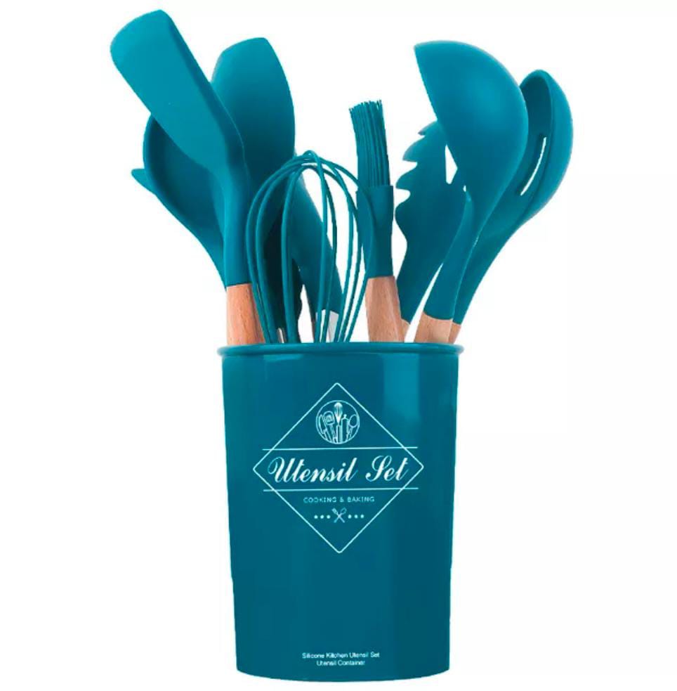 12 pcs set Wooden Handle Silicone Kitchen Utensils With Storage Bucket High Temperature Resistant And Non Stick Pot Spatula Spoon( random color )