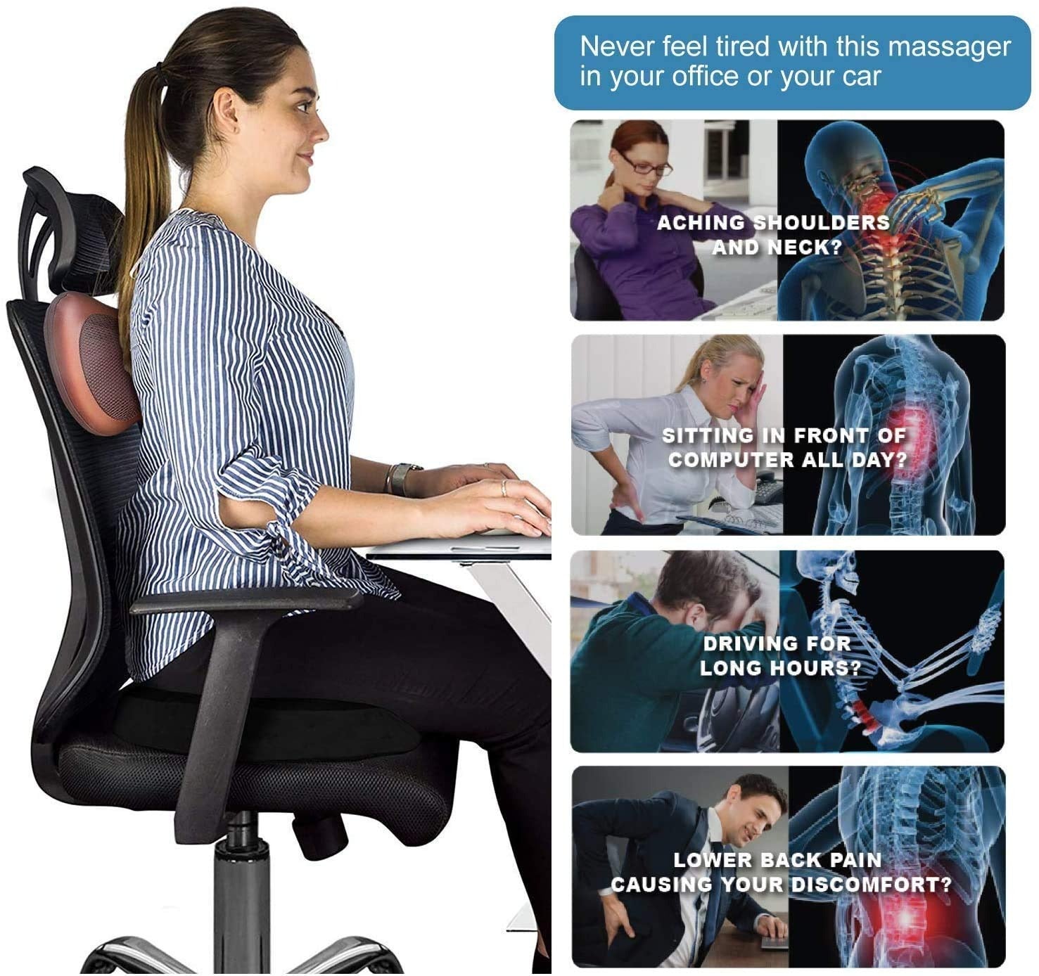 Car and Home Massage Pillow Electric Massager for Neck, Back, Shoulder, Waist, Muscle Pain Relief with Heat Function