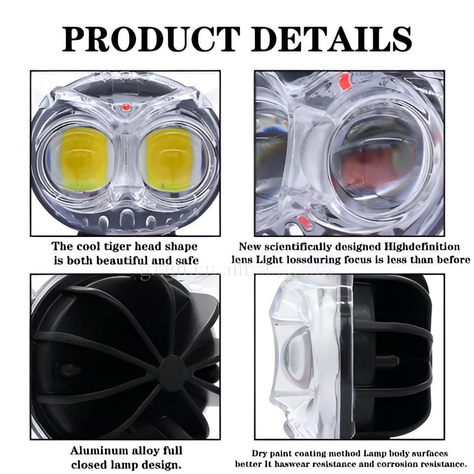 Owl Fog Light for Bikes metal body  - 8 Working Modes LED Motorcycle Fog Headlights with Multicolor DRL, Universal Fitment, and Auxiliary Spotlights