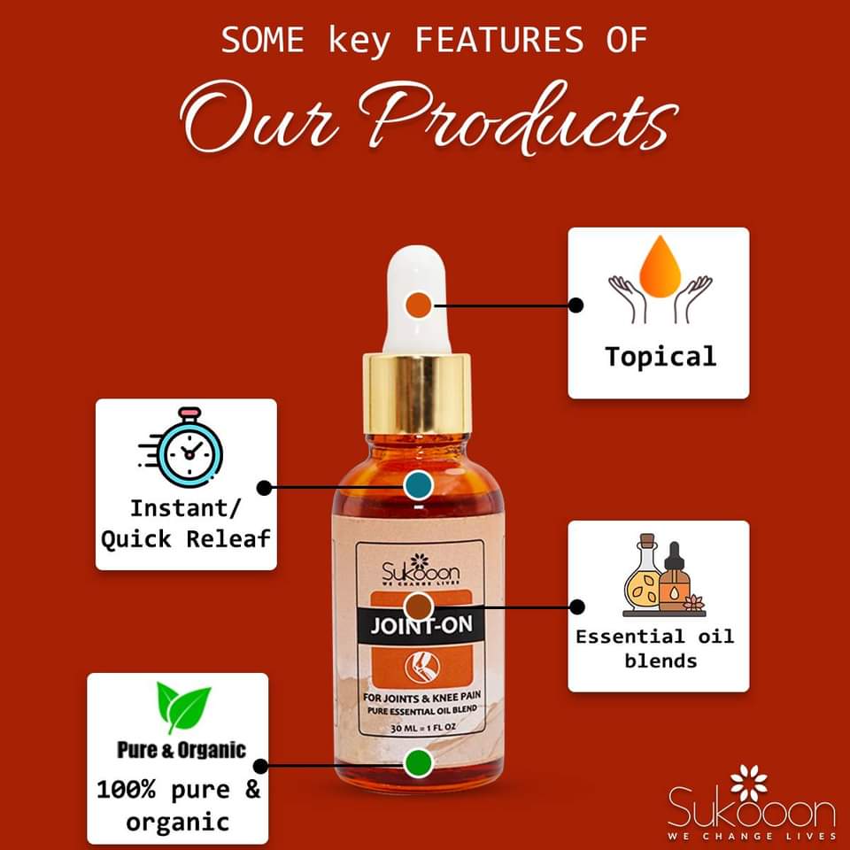 Sukoon Joint On Essential Oil Blend for pain in joints, back pain, arthritis pain, knee pain, tennis elbow, strains and sprains (30ml)