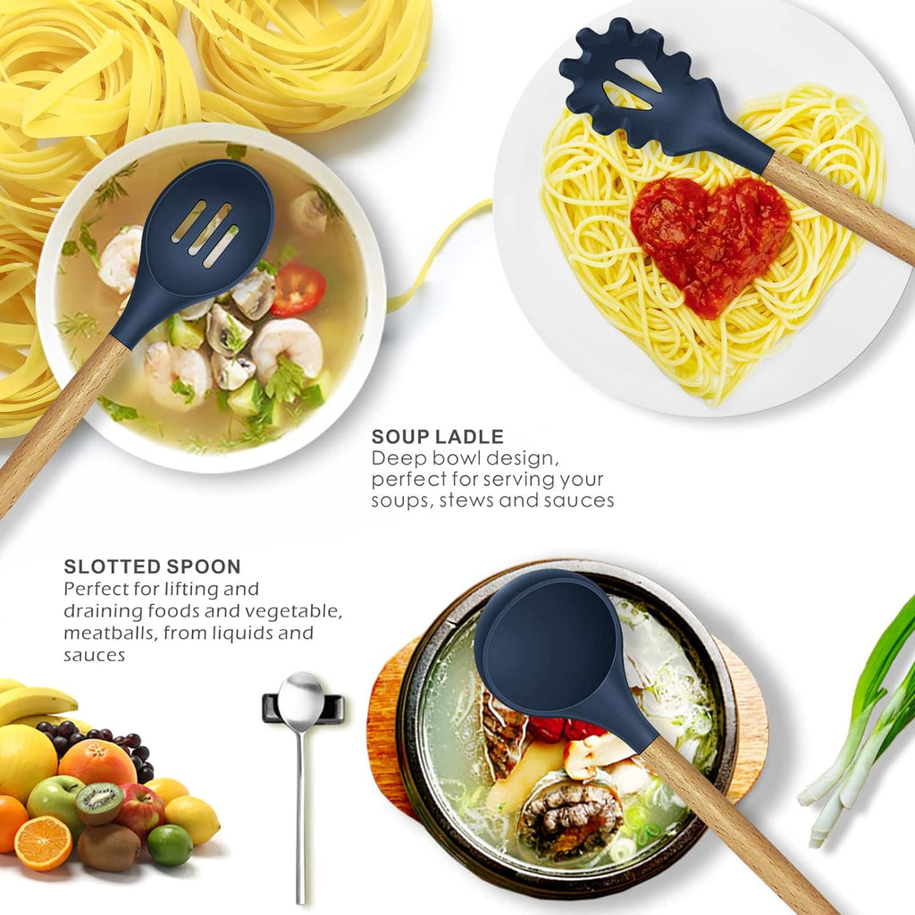 12 Pcs Silicone Cooking Utensils Kitchen Utensil Set | Heat Resistant Kitchen Non toxic Spatula Set with Turner Tongs,Spoon,Brush,Whisk-Wooden Handle - Random Color