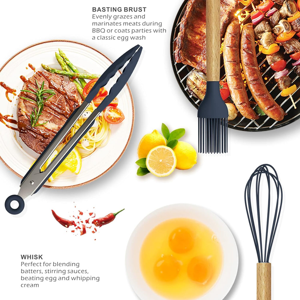 12 Pcs Silicone Cooking Utensils Kitchen Utensil Set | Heat Resistant Kitchen Non toxic Spatula Set with Turner Tongs,Spoon,Brush,Whisk-Wooden Handle - Random Color