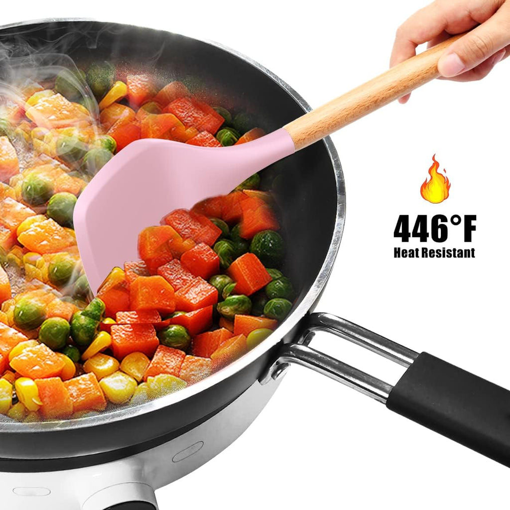 12 Pcs Silicone Cooking Utensils Kitchen Utensil Set | Heat Resistant Kitchen Non toxic Spatula Set with Turner Tongs,Spoon,Brush,Whisk-Wooden Handle(Random color)