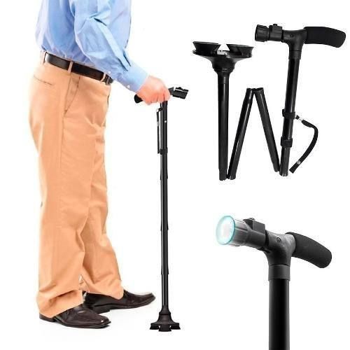 Portable Folding Walking Stick with Led Light &amp; Aluminium Handle For Adults or old Peoples Black