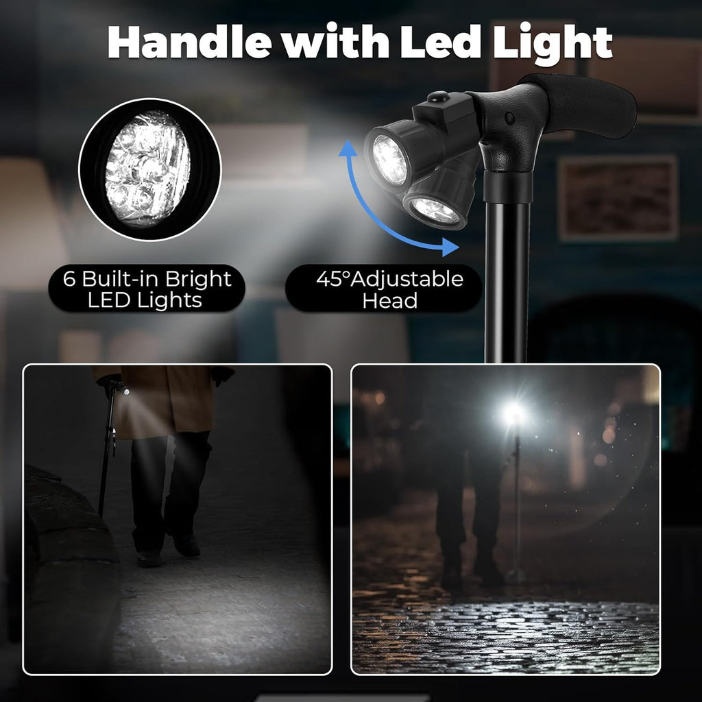 Portable Folding Walking Stick with Led Light &amp; Aluminium Handle For Adults or old Peoples Black