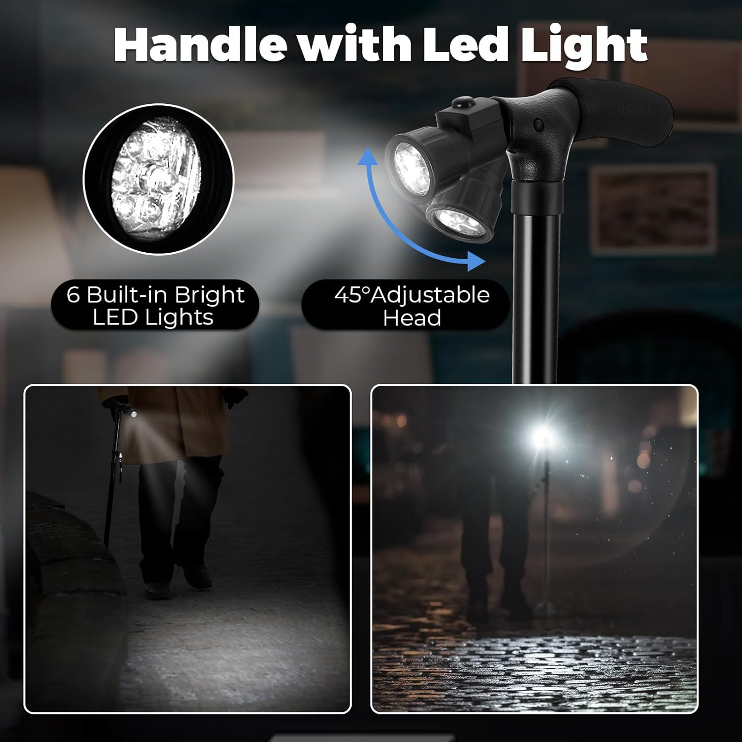 Portable Folding Walking Stick with Led Light &amp; Aluminium Handle For Adults or old Peoples Black