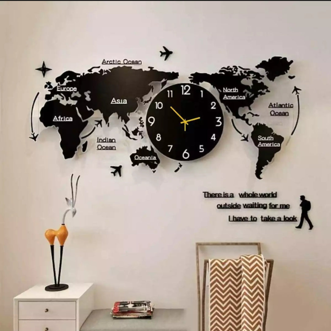 3D DIGITAL WORLD MAP WOODEN WALL CLOCK  24x24 inches