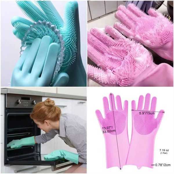 Magic Silicone Dish washing Gloves – Reusable Rubber Cleaning Gloves with Built-In Scrubber for Kitchen &amp; Household Use (Random color)