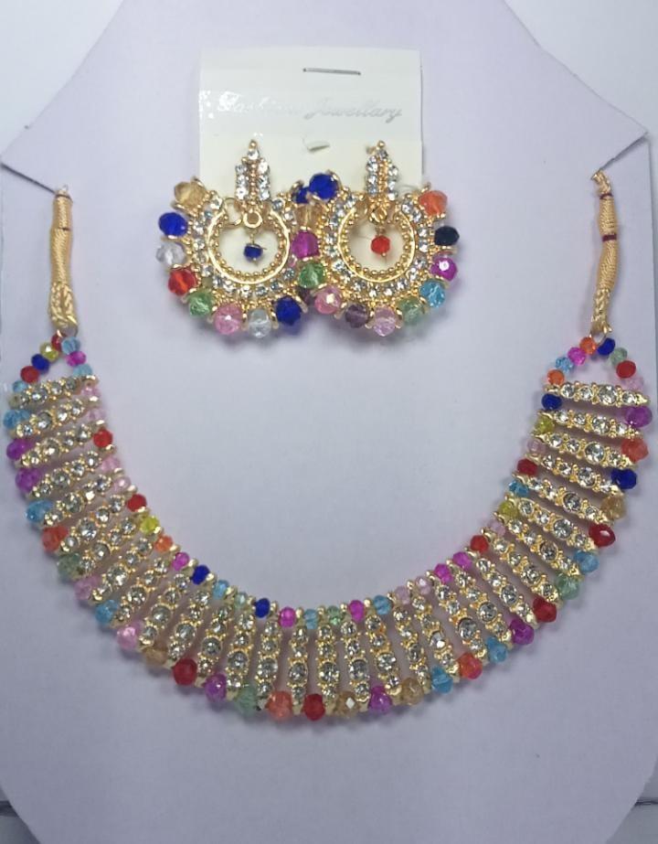 Colorful chowker neckless and  crystal round earrings  jewellery set for girls, womans