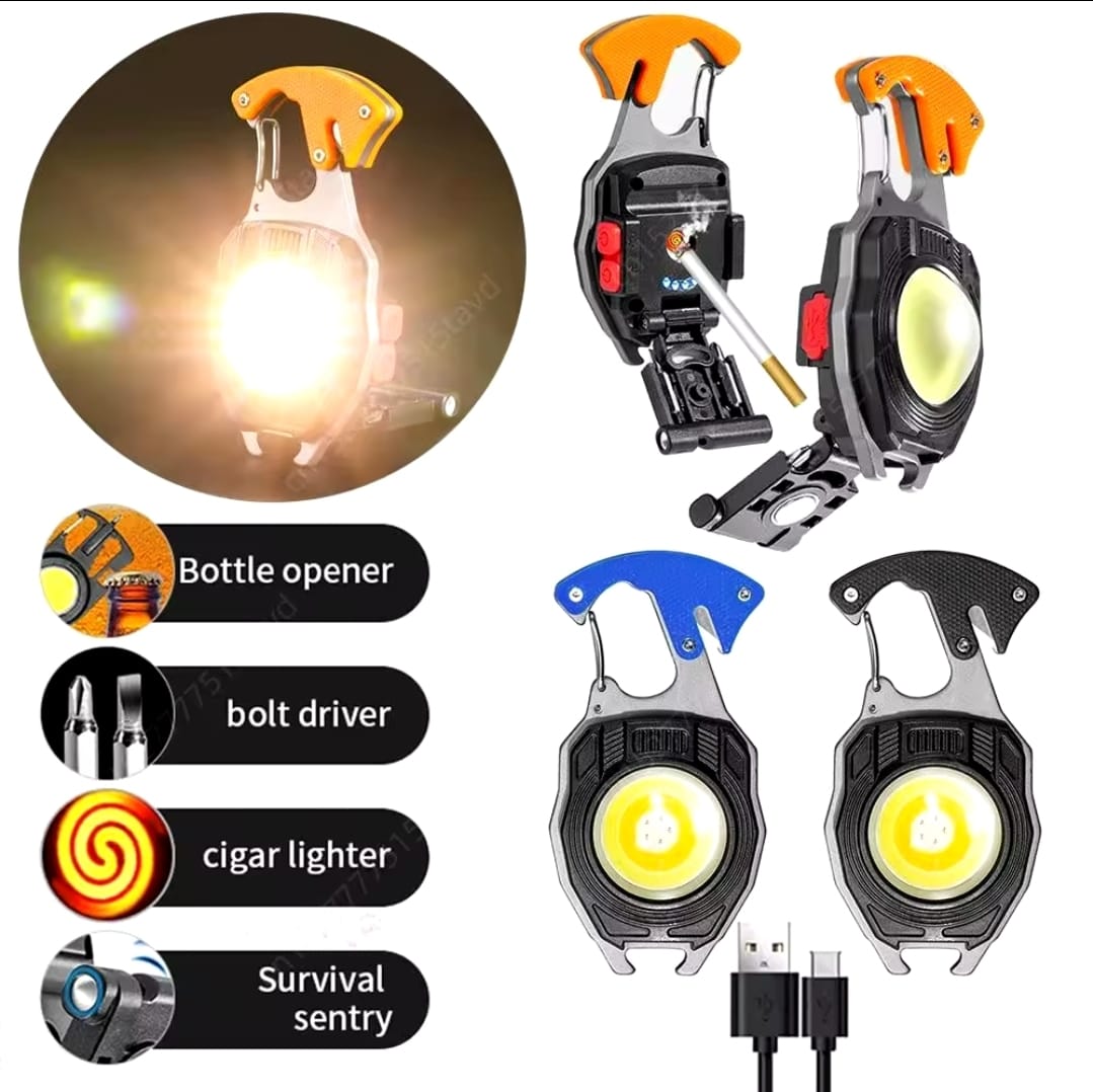 Multifunction Keychain COB Work Lights Strong Magnet Mini Torch with Cigarette Lighter Screwdriver USB Rechargeable Flashlight (Random color)